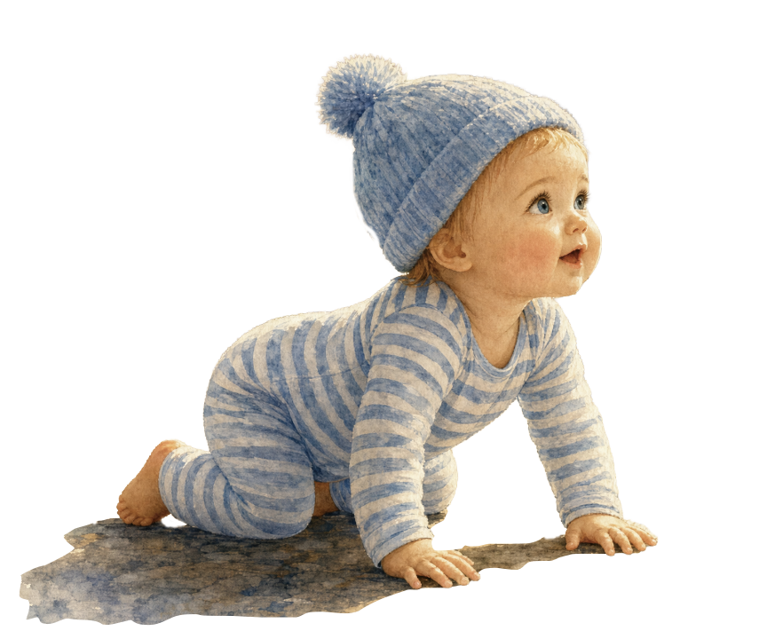 Watercolour illustration of an adorable baby in a blue beanie and striped onesie